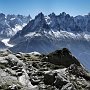 The Mer de Glace, Chamonix Aiguilles and Mont Blanc from the approach to Lac Blanc