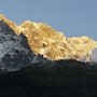 A panorama of the Chamonix Aiguilles at sunset after the first September snow