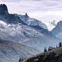 The Aiguille Verte, Dru, Chamonix Aiguilles and Mont Blanc from the path to Loriaz